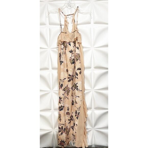 TJD The Jetset Diaries Sz S Beige Ruffled Floral Print Long Maxi Dress V Neck - Picture 15 of 16